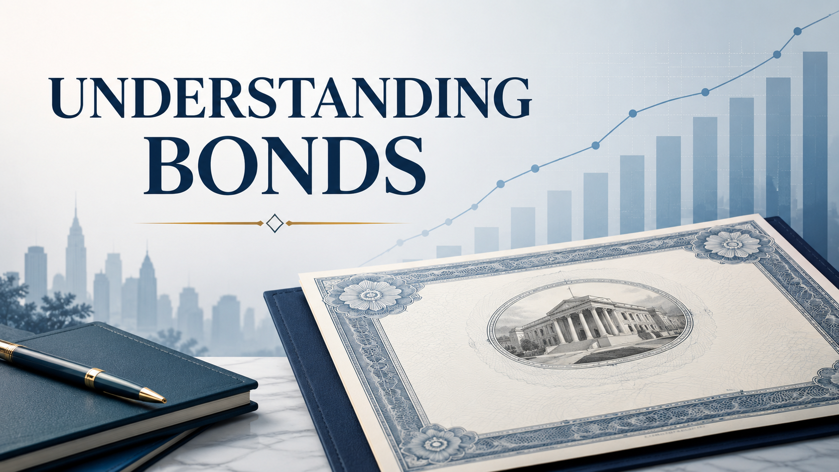 Illustration of a bond certificate with financial charts and a city skyline, representing fixed-income investing and bond market fundamentals.