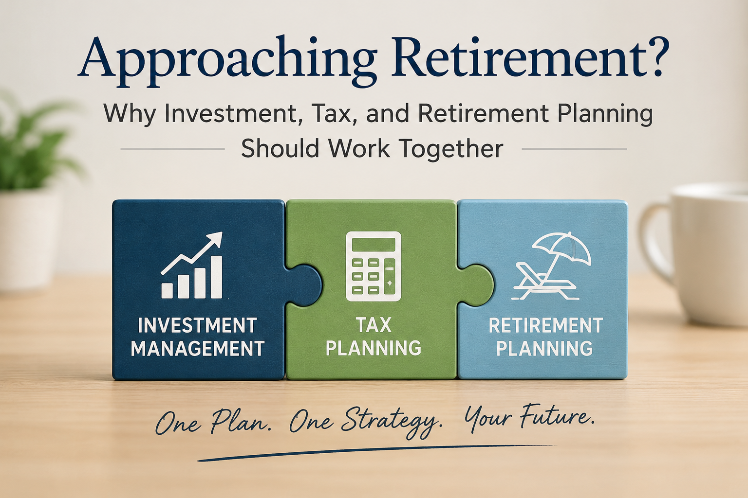 Interlocking puzzle pieces representing investment management, tax planning, and retirement planning working together for retirement success