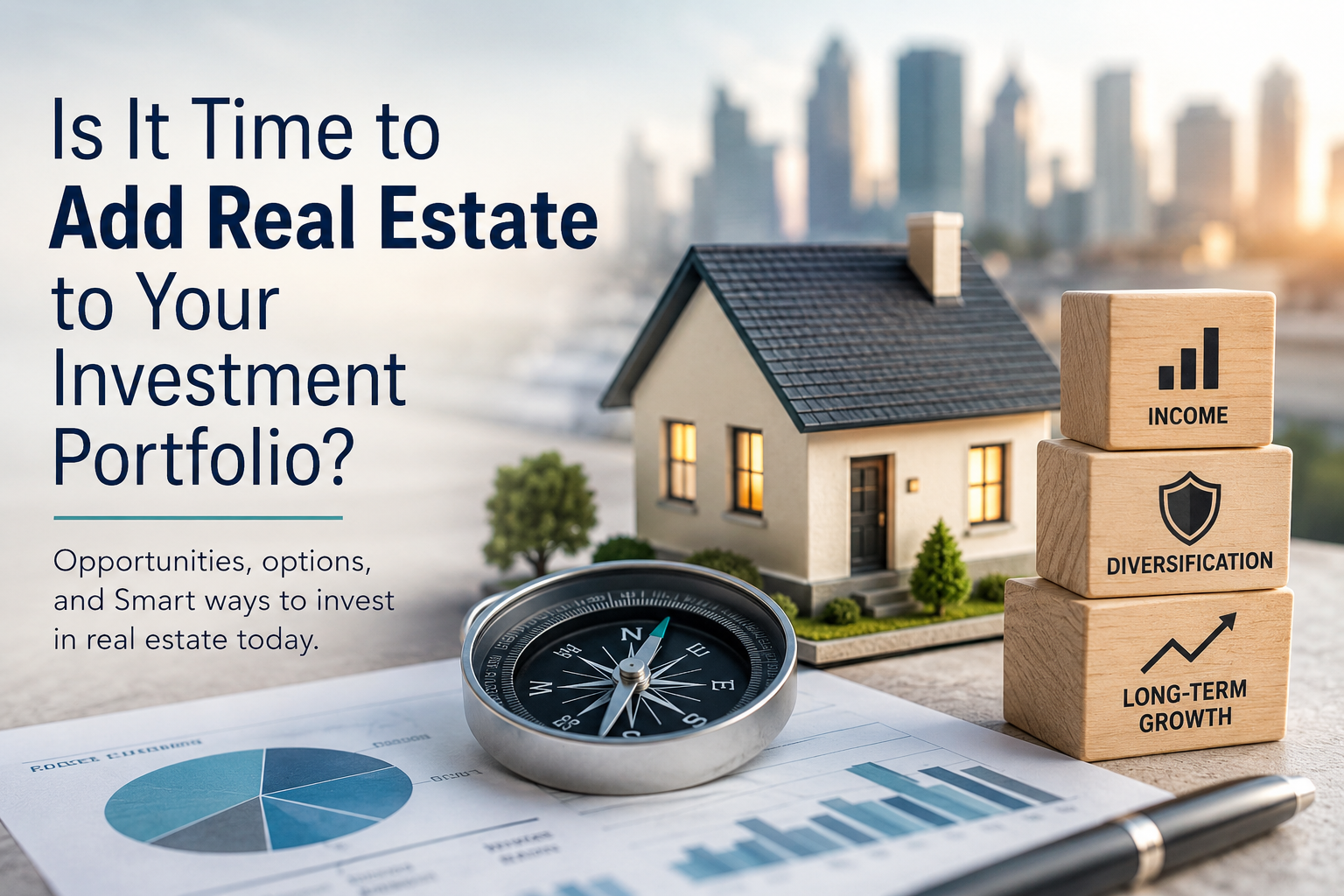 Model home surrounded by financial charts and rising investment bars representing real estate portfolio diversification and growth.