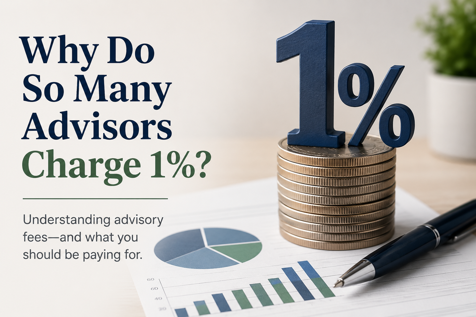 Illustration of a 1% advisory fee concept with stacked coins and financial charts representing investment management fees and advisor compensation