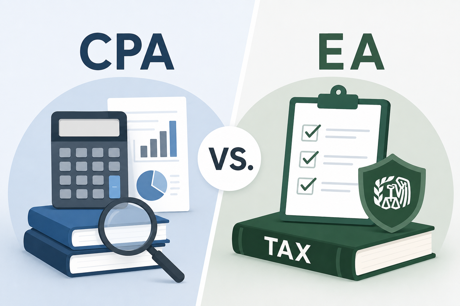 Illustration comparing a Certified Public Accountant (CPA) and an Enrolled Agent (EA), highlighting two different tax professional designations.