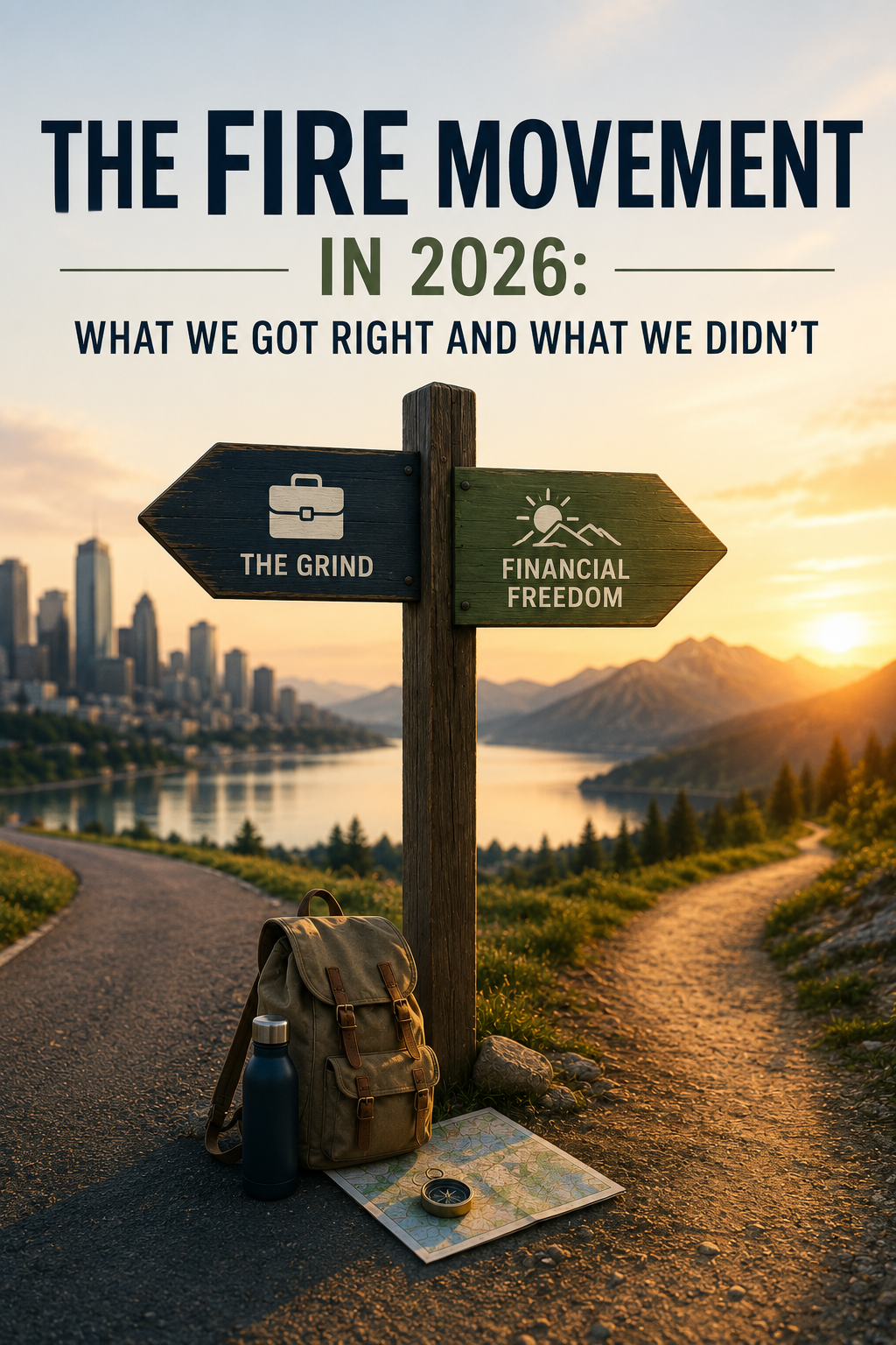 Illustration of the FIRE movement showing a crossroads between career, financial independence, and early retirement in 2026.