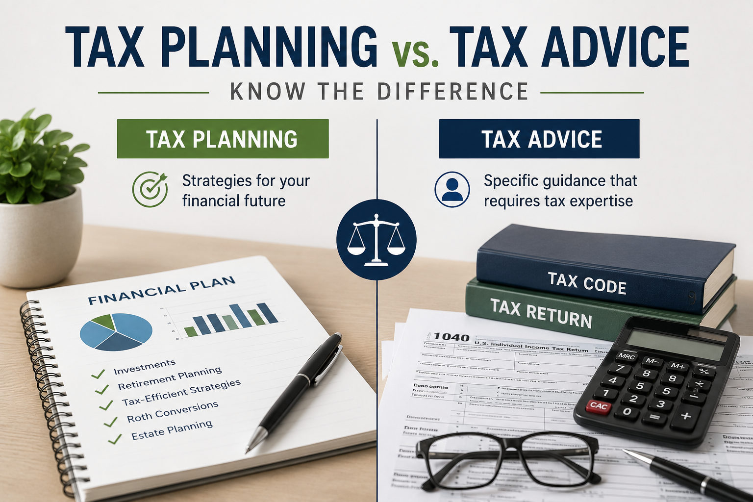 Illustration comparing tax planning and tax advice, highlighting the difference between financial planning strategies and professional tax guidance.