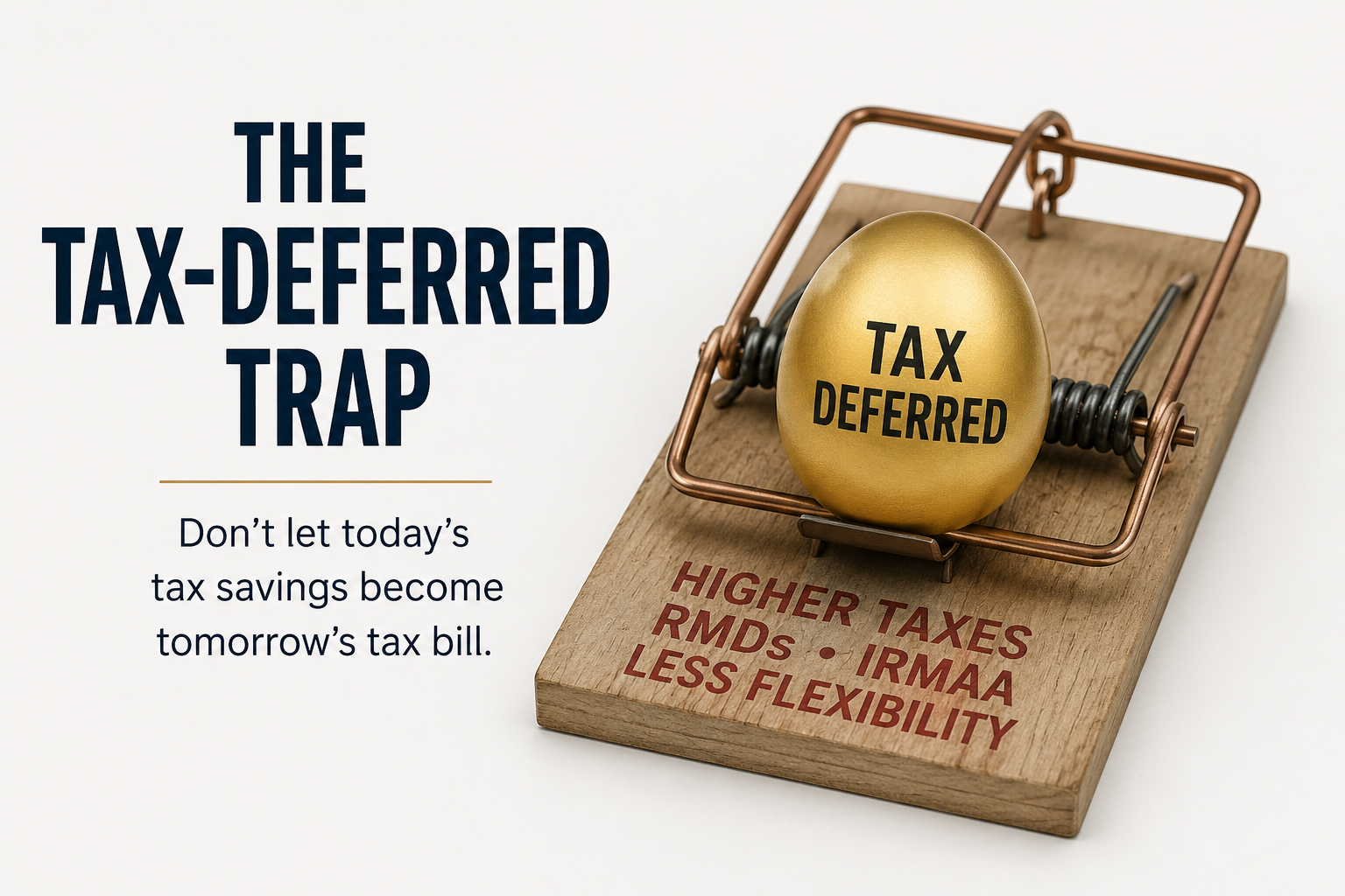 Illustration of a golden egg labeled "Tax Deferred" resting in a mousetrap, symbolizing the long-term tax risks of tax-deferred retirement accounts.