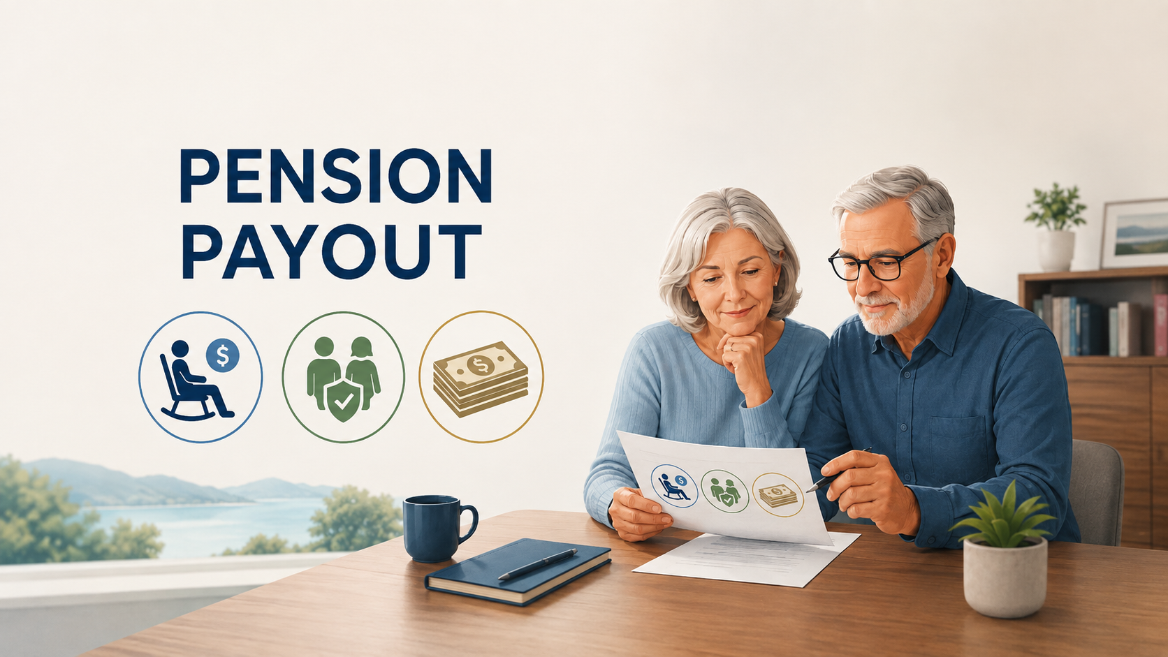 Older couple reviewing pension payout options, including lifetime income, survivor benefits, and a lump-sum distribution.