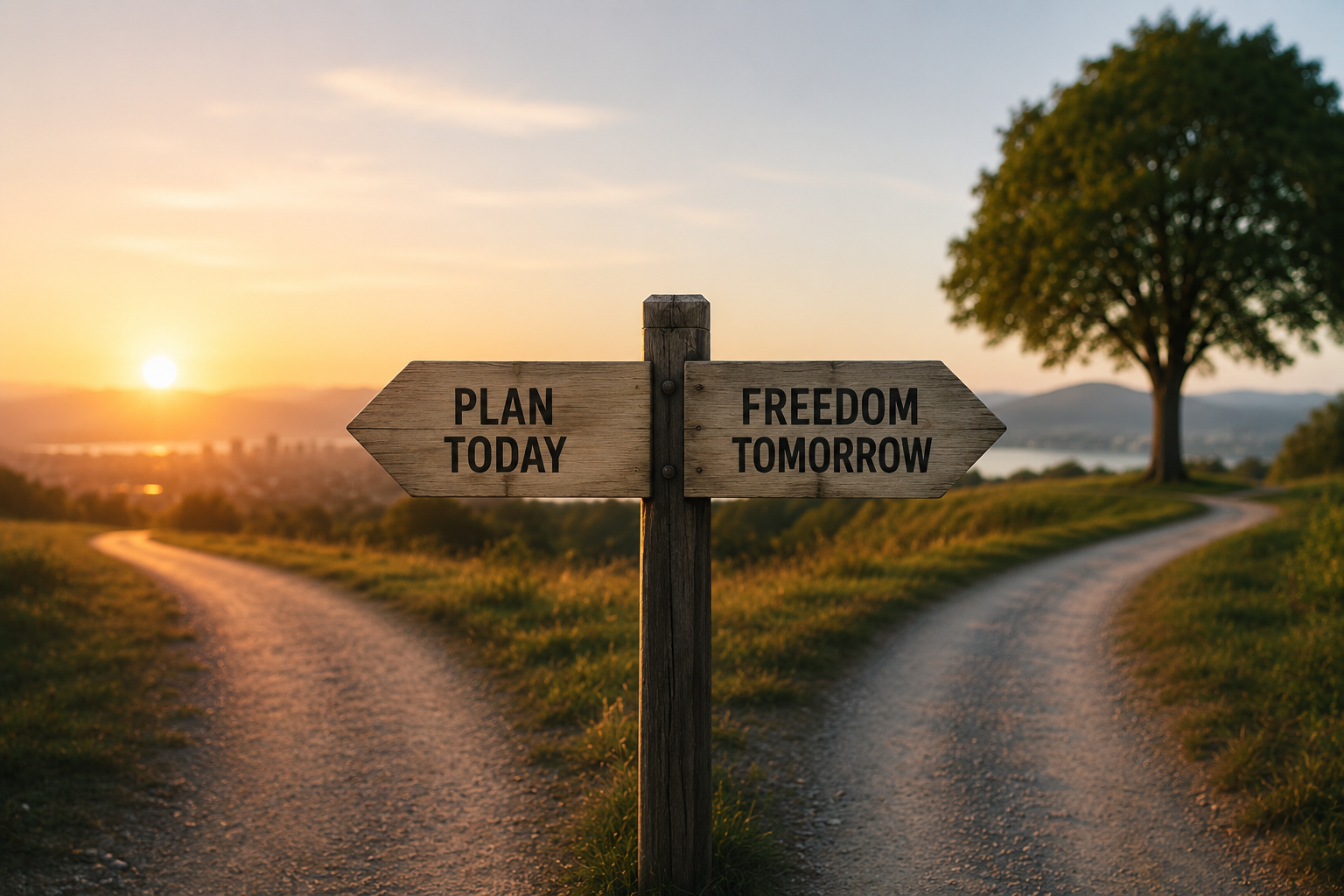 Wooden signpost at a fork in the road reading “Plan Today” and “Freedom Tomorrow,” symbolizing modern retirement planning.