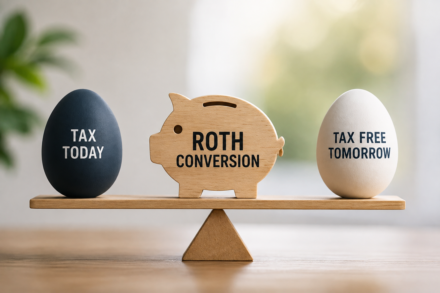 Illustration of a Roth conversion balancing taxes paid today with tax-free retirement income in the future.
