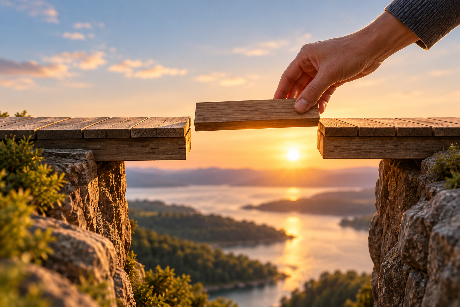 A hand placing the final plank to bridge a gap.