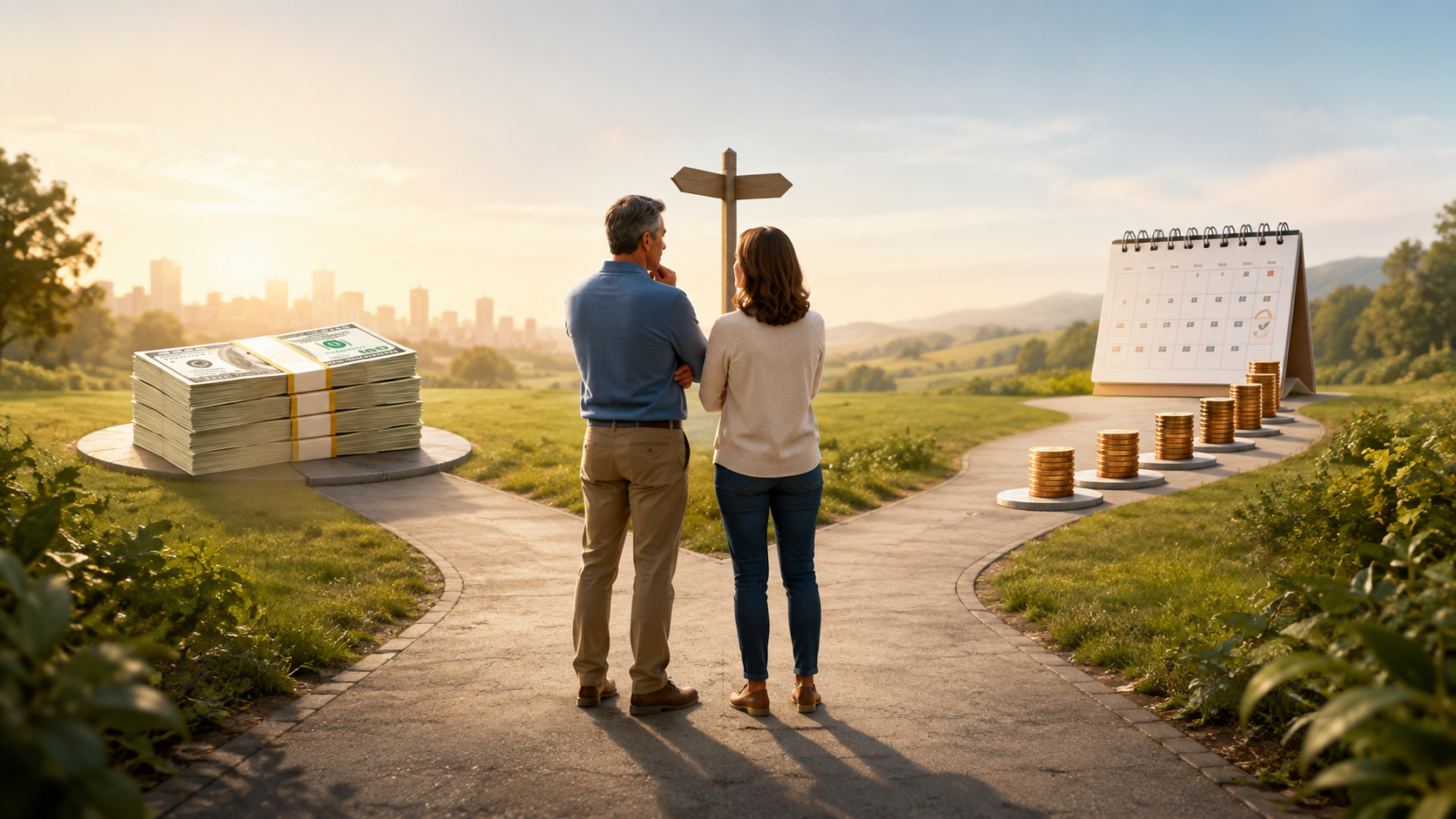Couple standing at a financial crossroads between a lump sum and installment payments, symbolizing the tradeoff between control and certainty.