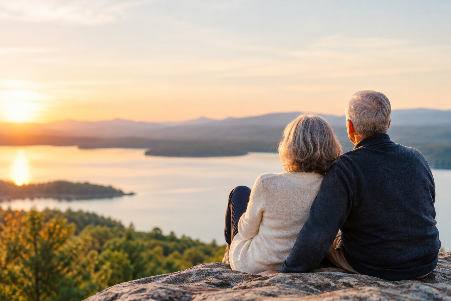 Retired couple overlooking a lake and mountains at sunset